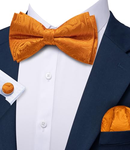 Image of YOHOWA Paisley Striped Men Bow Tie Pre-Tied Formal Adjustable Colorful Bowties Handkerchief Cufflinks Set Wedding Party
