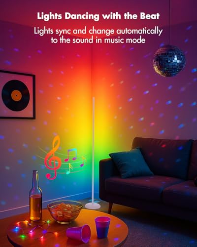 Image of LED Corner Lamp, Smart RGB Floor Lamp with Music Sync, APP & Remote | Floor Lamp Dimmable with 16 Million Color Changing, Music Sync, Standing Lamps for Bedroom, Living Room, Gaming Room - Silver