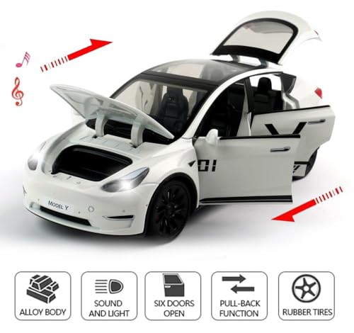 Image of Magicwand 1:24 Scale Die-Cast Teslla Model Y with 6 Openable Doors Lights, Music & Pull Back Action【Pack of 1】【Random Color】