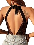 SheIn Damen Bodysuit Rückenfrei Spitze Applikation Schmaler Body U-Ausschnitt Neckholder Bodies Schwarz M