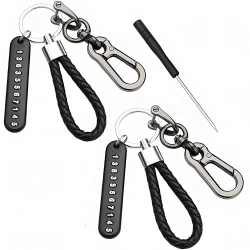 PulGos -2 Pack Anti-Lost Braided Keychain – Premium Metal Keychain with Hook Clip & Phone Number Tag Heavy-Duty Car & Bike Key Holder for Men & Women– Secure Key Ring for Home, Office, Scooter -Black