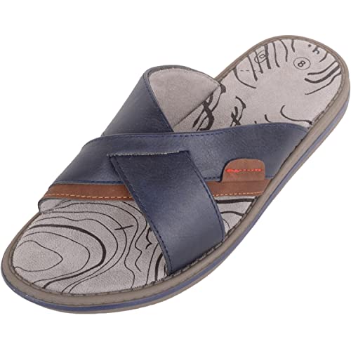 Image of ABSOLUTE FOOTWEAR Mens Cross Over Summer Holiday Faux Leather Slip On Mule Sliders Sandals - Navy/Tan - UK 11