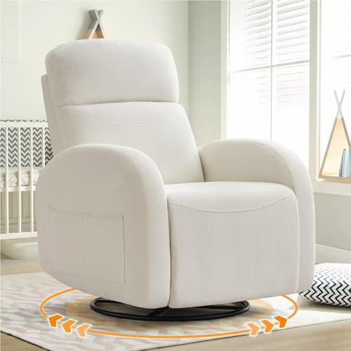 Image of AEMEIOS Swivel Recliner Rocker Nursery, Chenille Nursering Glider Recliner, Manual Swivel Rocking Reclining with Double Pockets for Living Room, Cream White