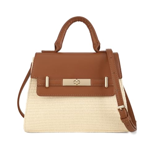 Image of Small Cute Top Handle Bag Crossbody, Designer Summer Purse for Women | Vegan Leather /Straw, 2.5L Capacity, Fits 6.7-inch Phone /Small Wallet /Passport, Versatile for Dressy Outfit /Everyday Use