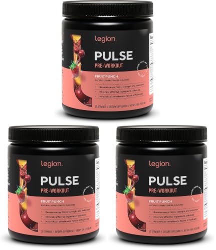 Image of LEGION Pulse Pre Workout Supplement - All Natural Nitric Oxide Preworkout Drink to Boost Energy, Creatine Free, Naturally Sweetened, Beta Alanine, Citrulline, Alpha GPC (Fruit Punch) (Pack of 3)