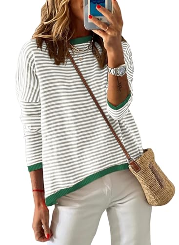 Image of Womens Striped Lightweight Cotton Sweaters Long Sleeve Crew Neck Color Block Casual Knitted Pullover Tops