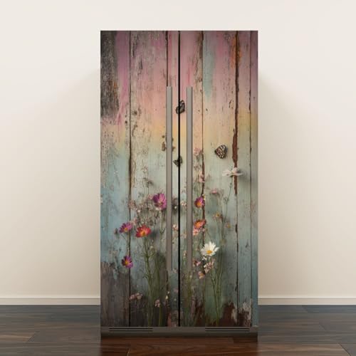 Self Adhesive Vinyl Refrigerator Wrap Set Floral Butterflies Art Distressed Rainbow Wood Door Mural Removable Fridge Sticker Peel and Stick Decal Rustic Kitchen Decor