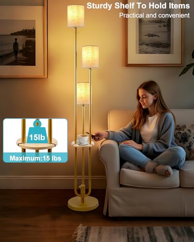Image of Lightdot 64Inch Floor Lamp with Table Dimmable Gold Floor Lamp for Living Room 3 Lights Mid Century Modern Tall Standing Lamp with Fabric Shade for Bedroom /Sofa Beside /Corner Decor(Bulbs Included)