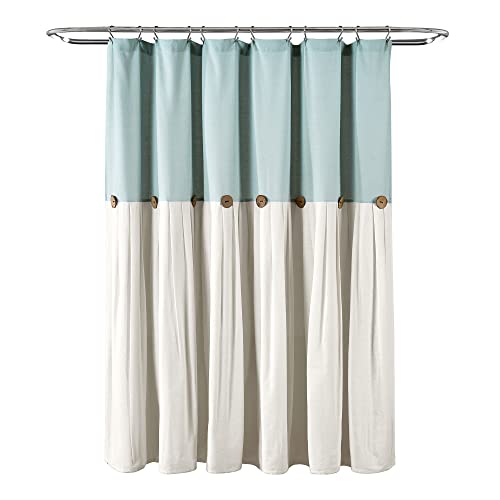 Image of Lush Decor Linen Button Shower Curtain Single 72 inch W x 84 inch L Blue & White - Extra Long Shower Curtains - Blue Shower Curtain Fabric - Farmhouse Bathroom Decor