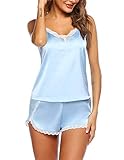 Design: Ärmellos mit Verstellbaren Trägern, V-Ausschnitt mit Spitze, Kurz für Sommer, Satin Top und kurze Hose.