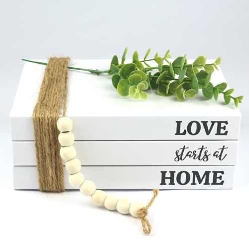 LZAK 3 Piece Decorative Books-Real Blank Hardcover Stacked Book with Hemp Rope, Beads, & Leaves- Display for Coffee Table, Farmhouse, Living Room, & Bookshelf- Rustic Home Decorations,White