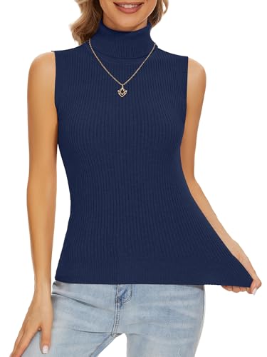 Image of Sleeveless Turtlenecks Tops for Women Slim Fit Knit Sleeveless Vest | Lightweight Stretchy Turtleneck Sweater Women Business Casual Wear