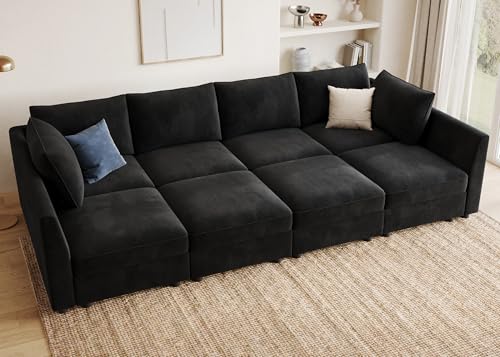 Image of HONBAY Modular Sectional Sofa Velvet Sleeper Couch with Storage,Black