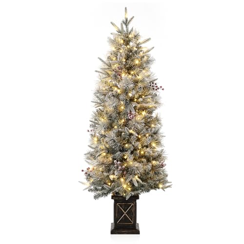 GAOMON 4.5ft Christmas Tree with 200 Warm White LED Lights, Pre-Lit Snow Flocked Christmas Tree with X Shape Potted Base, 8 Lighting Modes, Artificial Xmas Tree with Red Berries, for Home, Entrances
