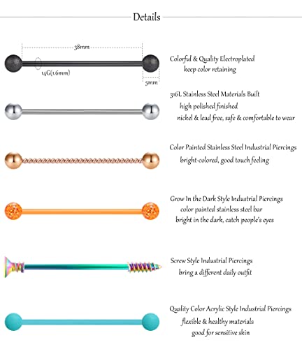 Evelical 30Pcs 14G Stainless Steel Industrial Barbell Earrings For Women Men Cartilage Helix Body Piercing Jewelry 38Mm 1&1/2 Inch Piercing Bar Style C #TOP1