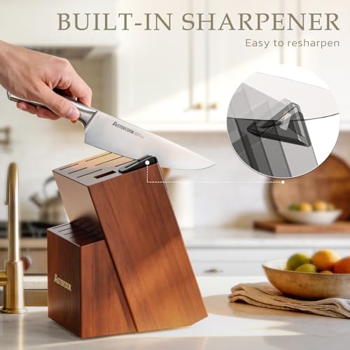 Astercook Knife Set, Kitchen Knives Set with Block and Sharpener Full Tang 15 Pcs Premium Stainless Steel Knives, Dishwasher Safe Knife Set with Anti-slip Ergonomic Handle, Walnut, Mothers Day Gifts by Astercook - Image 5