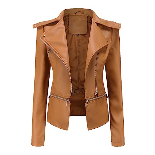 Veste de moto en cuir synthétique avec col rabattable blouson décontracté manches longues kaki S