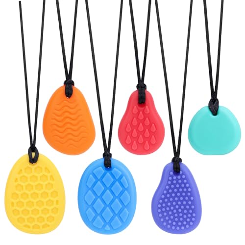 Mizzytots 6 Pack Childrens Sensory Stress Relief Stone Sensory Chew Necklaces Silicone chew Necklace Suitable for Boys and Girls with ADHD SPD Autism Needs Adults Effective for Anxiety Relief