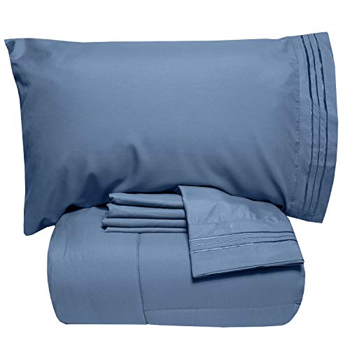 Sweet Home Collection 4 Piece Comforter Set Bag Solid Color All Season Soft Down Alternative Blanket & Luxurious Microfiber Bed Sheets Twin Denim