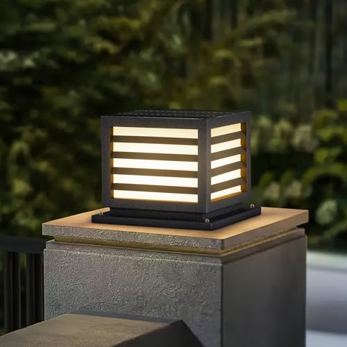 PAKEDANDUN Solar Post Light, 9.84" Pillar Light Outdoor Waterproof Modern Column Lamp Outside Gate Posts Cap Lantern 3000K LED Lighting Fixture for Flat Surface Patio Garden Driveway Decoration