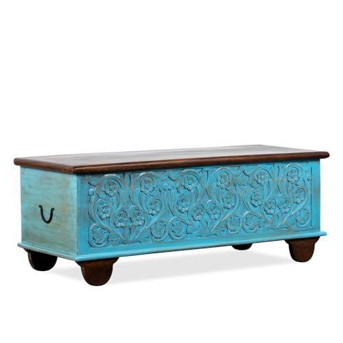 Image of Teba Wooden Trunk Box for Storage | Solid Wood Coffee Table for Living Room | Center Coffee Table with Storage | Front Wooden Carved Sandook Pitara for Home Decor & Bedroom (Blue Distress)