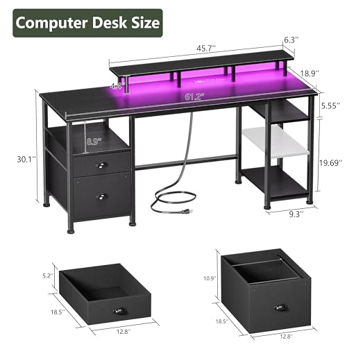 Image of Furologee 61 inch Gaming Desk with Power Outlets & LED Lights, Reversible Computer Desk with File Cabinet & Monitor Stand for Home Office, Large Work Table with Storage Shelves & Drawer, Black