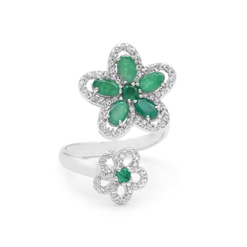 Bague émeraude en argent 925 ajustable avec motif fleur pour femme