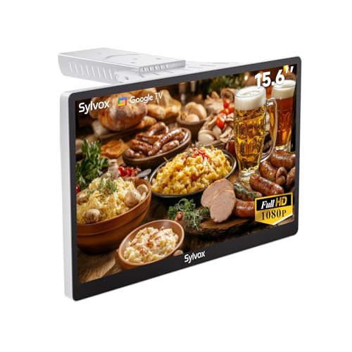SYLVOX Televisor de Cocina, Mini Smart TV de 15.6 Pulgadas, 1080P Full HD Bajo Armario con Google TV y Sintonizador DVB-C/T2/S2, Televisor Compacto de 12V para Cocina, Habitación Infantil y Lavandería
