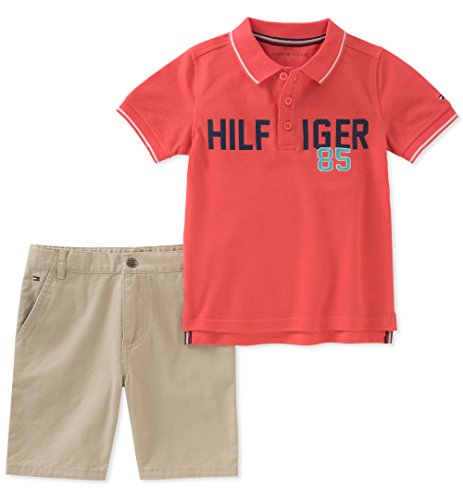 Tommy Hilfiger Toddler Boy's 2 Pieces Polo Shorts Set Shorts, Strawberry red, 3T