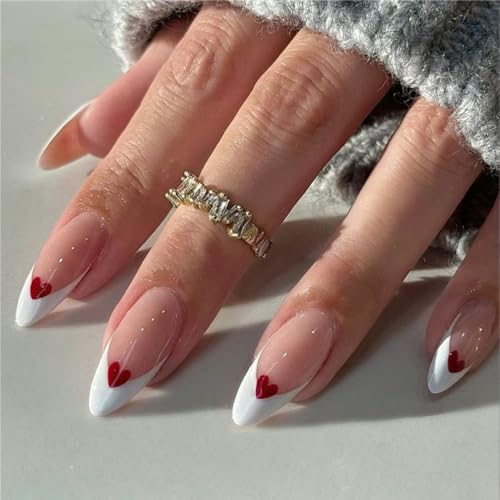 24 Piezas uñas postizas cortas,uñas postizas francesas,uñas postizas de almendra, uñas postizas de cubierta completa para mujeres y niñas (Francés blanco, 24 Piezas)