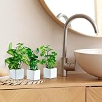 MyGift Artificial Assorted Plants Faux Tabletop Greenery in White Square Ceramic Pots, Set of 3