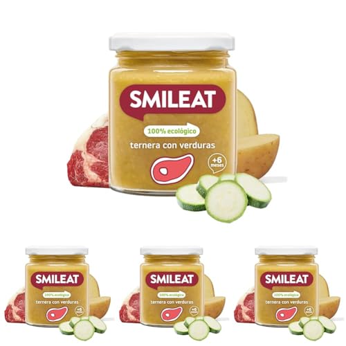 Smileat - Tarrito Ecológico con Sabor a Ternera con Verduras, Ingredientes Naturales, para Bebés desde 6 Meses, Sano y Saludable, sin Gluten - Tarro de 230 g (Paquete de 4)