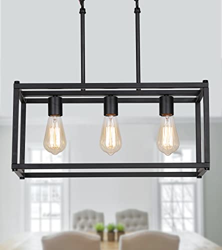 Amzasa 3-Light Black Linear Chandelier Modern Rectangle Farmhouse Dining Room Light Fixture For Kitchen Island Bar Ul Listed #TOP17