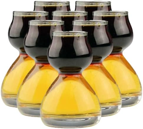 QUAFFER Double Bubble Layered Shot Glass Plus Recipe Card – Chaser Shot Glass Jigger for Smooth Tasty Shots – Fun Unique Split Shot Glasses Barware (1.25oz Top & 2.25oz Bottom, Set of 8)