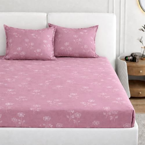 Image of King Size Bedsheet Cotton for Double Bed | Flat - 90x100 Inch, Floral, Soft & Breathable, Fade & Shrink Resistant, 2 Pillow Covers | Blush Petal Breeze, Mauve Pink