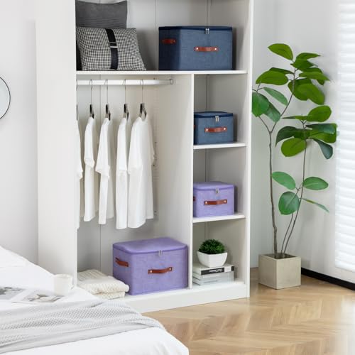 Image of Storage Bin Box with Zippered Lid Cotton Linen Fabric Decorative Basket PU Leather Handles PP Plastic Board Foldable Lidded Clothing Shelf Closet Organizer Container (Denim Blue, Large)