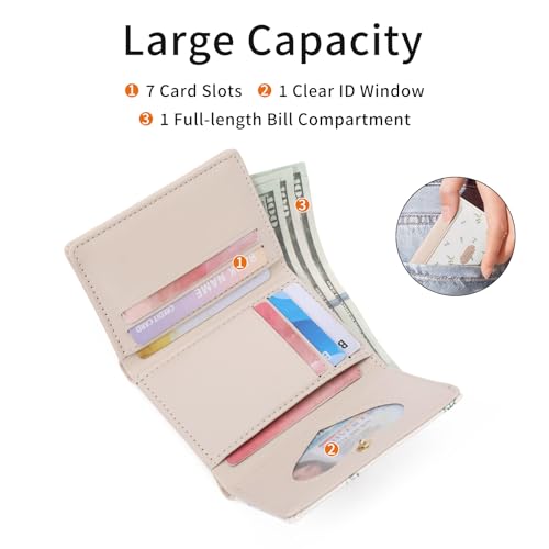 Image of GAEKEAO Small Wallet Women Leather Girls Cute Wallets Ladies Mini Trifold Card Holder Floral Pattern with ID Window Purse