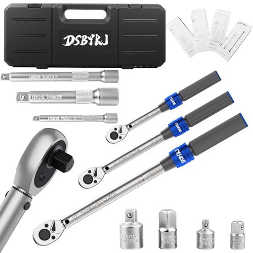 DSBYKJ 10pcs Torque Wrench Set 1/2 3/8 1/4 inch Drive Click, 3Pcs Torque Wrenches 10-170 FT.LB,5-50FT.LB,20-240IN.LB, Inch pound Torque Wrench with 3 Pcs Adapter for Bike,Car, Truck,Tractor