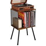 X-cosrack Record Player Stand with Storage up to 100 Albums, Retro Small Vinyl Record Holder - Adjustable Divider, Book/LP Record Storage Holder and Organizer Vinyl Table for Bedroom Living Room