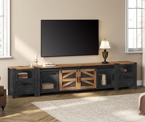 WAMPAT TV Stand Set for 85 inch TV with Charging Station, 3 in 1 Wood Entertainment Center TV Console Table for Living Room, Antique Black
