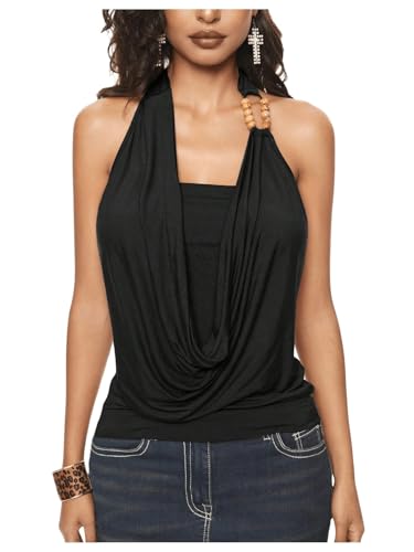 Floerns Women's Going Out Tops for Women Draped Front Halter Tops Beaded Backless Sleeveless Y2k Tank Tops4