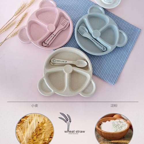 Prato infantil com 3 divisórias e talheres BPA Free Biodegradável (Fibra de trigo) (Rosa)