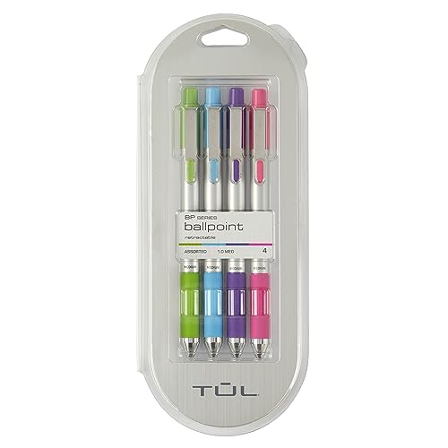 TULÂ® BP Series Retractable Ballpoint Pens, Medium Point, 1.0 mm, Silver Barrel, Assorted Inks, Pack Of 4 Pens