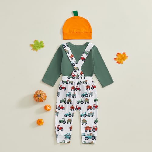 My First Halloween Baby Boy Outfit Long Sleeve Romper Tractor Suspender Pants Set Pumpkin Hat 3Pcs Halloween Clothes3