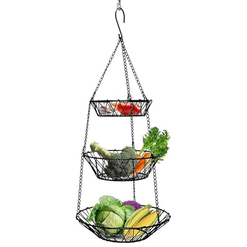Frutero de cocina rústico con cesta colgante de 3 capas para verduras y frutas 4