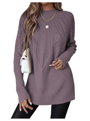 Image of Verdusa Women's Cable Knit Chunky Sweaters Mock Neck Long Sleeve Pullovers Tunic Top Purple Medium