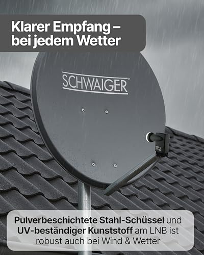 SCHWAIGER Satellitenschüssel Komplettset - Ø 80 cm Stahl Offset Antenne in Hellgrau - Inkl. sonnengeschütztes Quad LNB 4-Fach - Digital HD & 4K Empfang - Integrierte Kabelführung & wetterfest