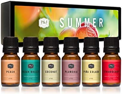 P&J Fragrance Oil Summer Set | Peach, Strawberry, Plumeria, Coconut, Ocean Breeze, and Pina Colada Candle Scents for Candle Making, Freshie Scents, Soap Making Supplies, Diffuser Oil Scents