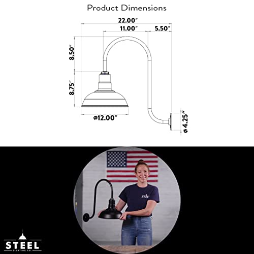 Steel Lighting Co. Westchester Barn Light | Outdoor Wall Mounted | 12 Inch Dome | Upslope Gooseneck| Warehouse Steel Light Made In America | Matte Black Exterior/Brass Interior #TOP1