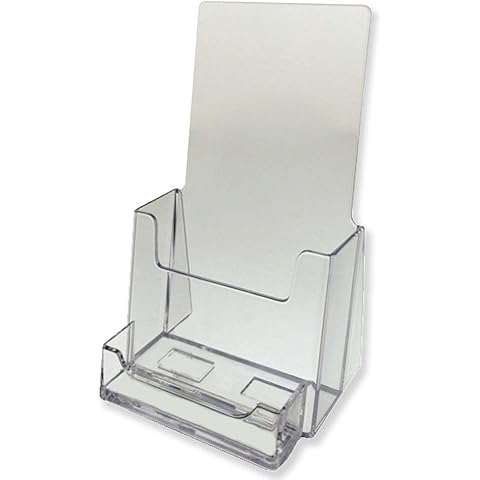 Dazzling Displays Clear 4 x 9 Tri-Fold Brochure Holder with Attached Business Card Holder, Countertop Display Stand, Literature Holder for Efficient Countertop Organization Cover